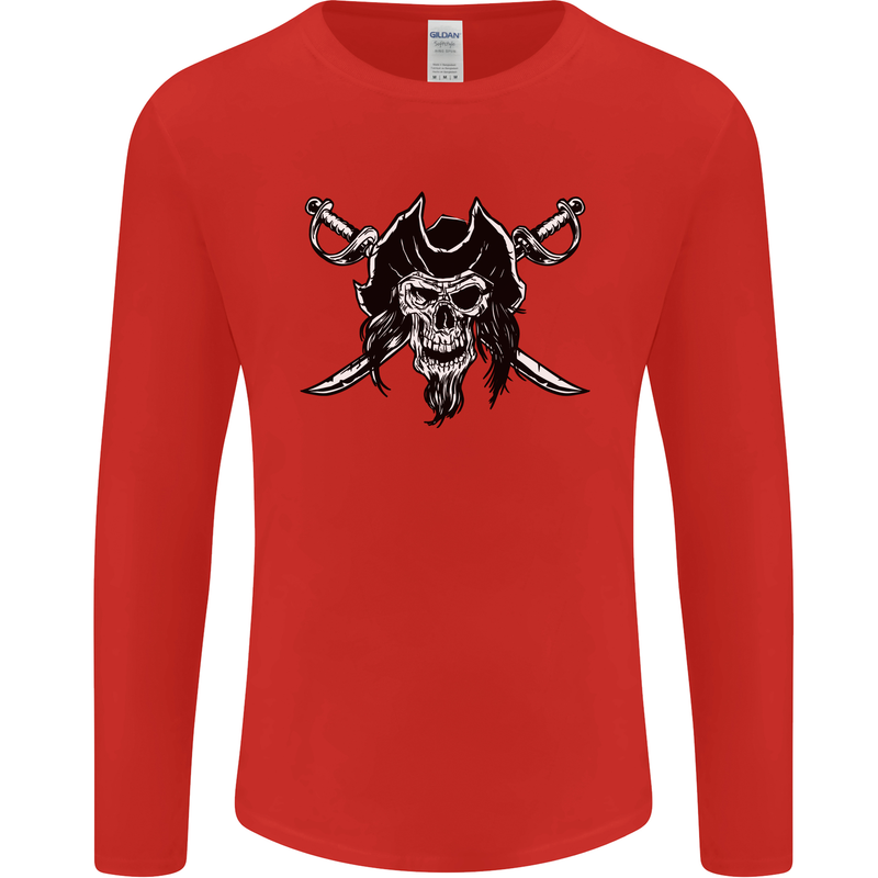 Pirate & Swords Skull Captain Jolly Roger Mens Long Sleeve T-Shirt Red