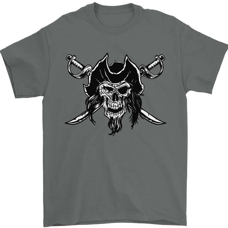 Pirate & Swords Skull Captain Jolly Roger Mens T-Shirt 100% Cotton Charcoal