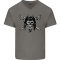Pirate & Swords Skull Captain Jolly Roger Mens V-Neck Cotton T-Shirt Charcoal