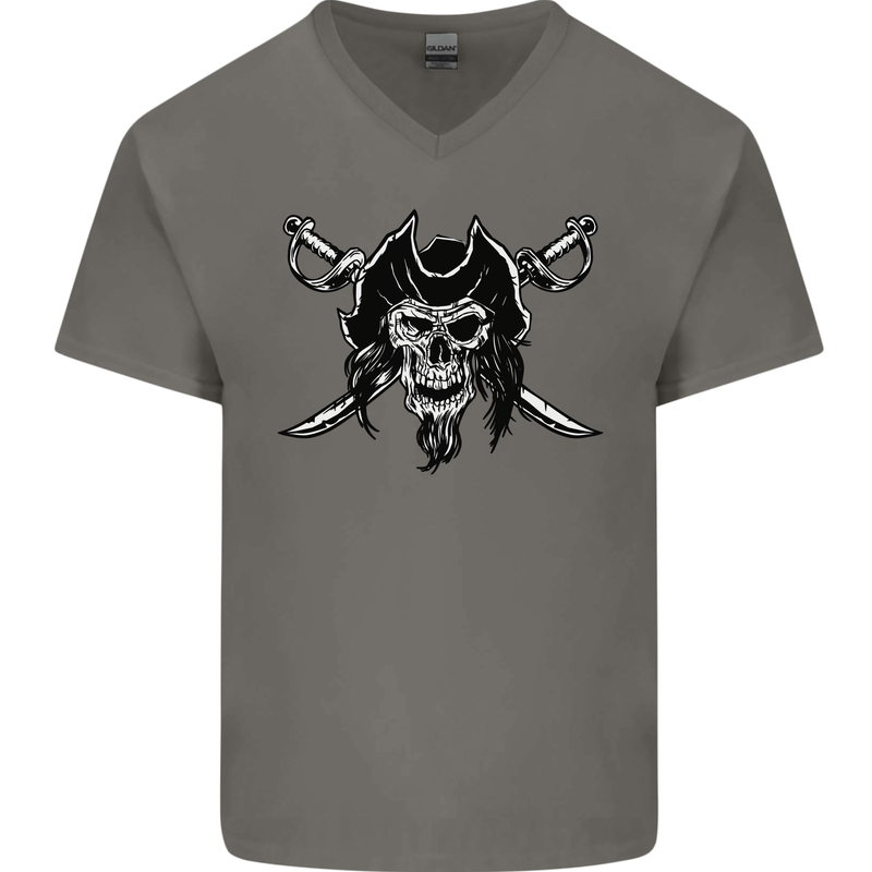Pirate & Swords Skull Captain Jolly Roger Mens V-Neck Cotton T-Shirt Charcoal