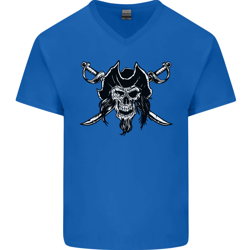 Pirate & Swords Skull Captain Jolly Roger Mens V-Neck Cotton T-Shirt Royal Blue