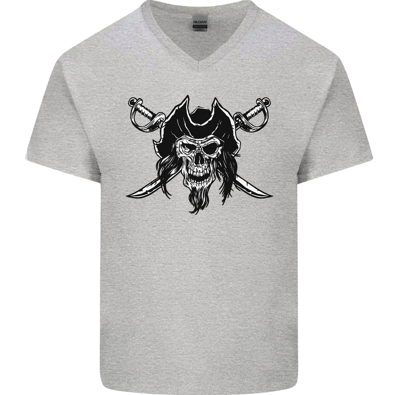 Pirate & Swords Skull Captain Jolly Roger Mens V-Neck Cotton T-Shirt Sports Grey
