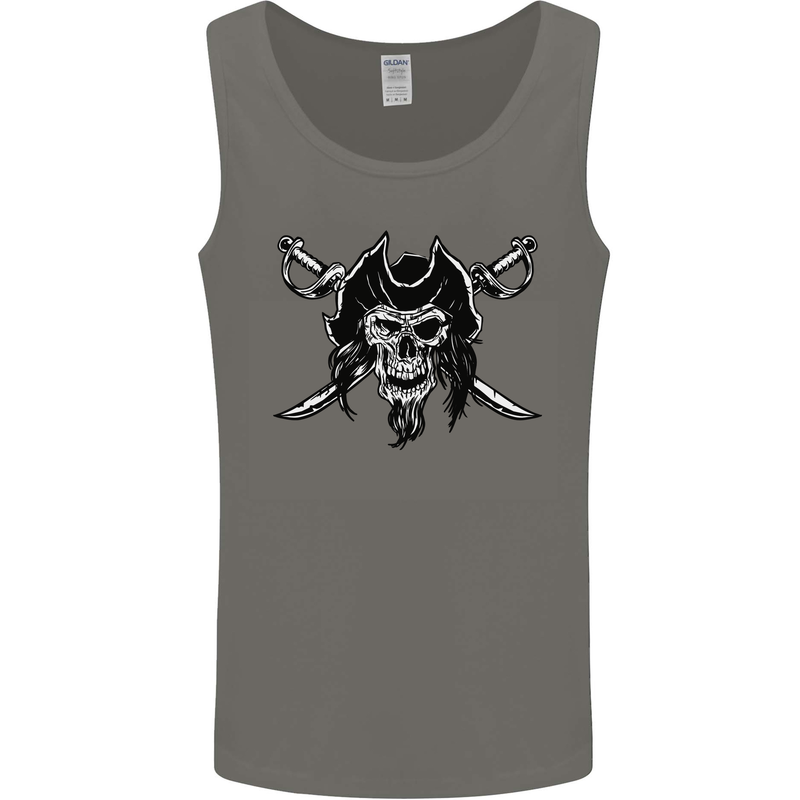 Pirate & Swords Skull Captain Jolly Roger Mens Vest Tank Top Charcoal