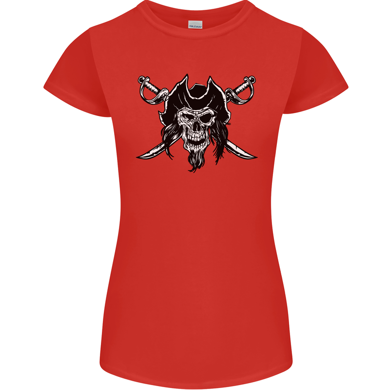 Pirate & Swords Skull Captain Jolly Roger Womens Petite Cut T-Shirt Red