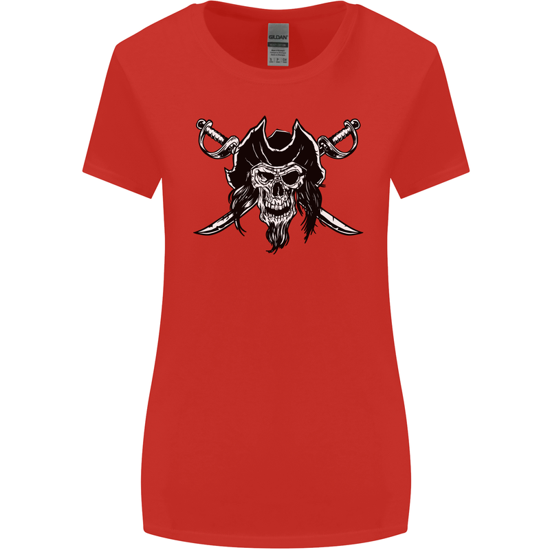Pirate & Swords Skull Captain Jolly Roger Womens Wider Cut T-Shirt Red