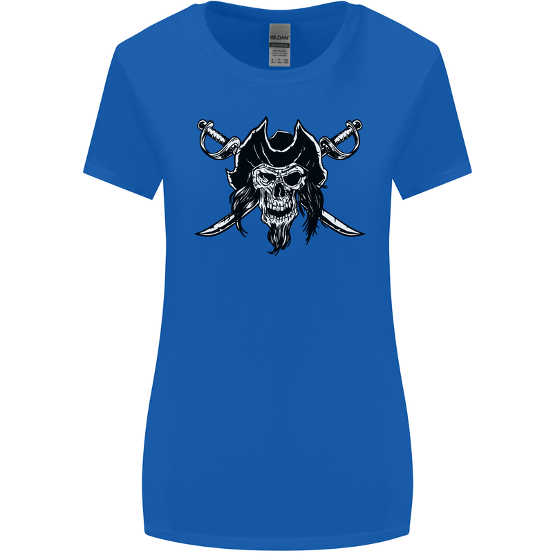 Pirate & Swords Skull Captain Jolly Roger Womens Wider Cut T-Shirt Royal Blue