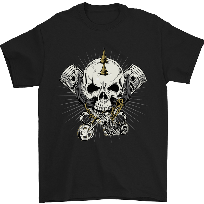 Piston Skull Motorcycle Motorbike Biker Mens T-Shirt Cotton Gildan Black