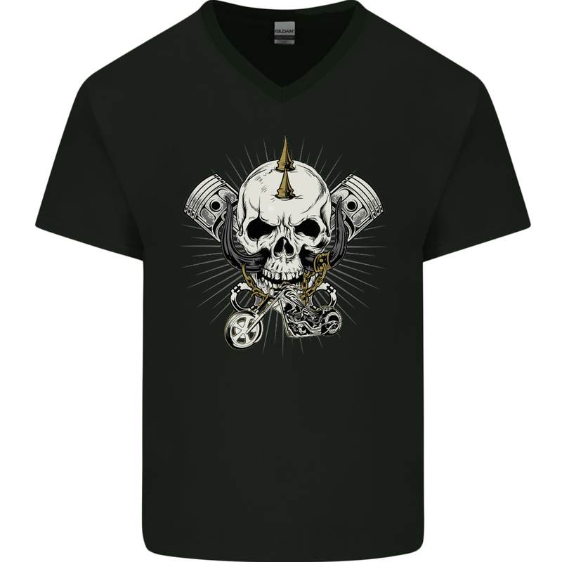 Piston Skull Motorcycle Motorbike Biker Mens V-Neck Cotton T-Shirt Black