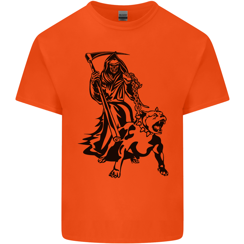 Pitbull Grim Reaper Dog Skull Satan Demon Kids T-Shirt Childrens Orange