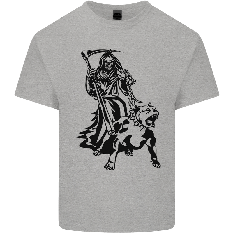 Pitbull Grim Reaper Dog Skull Satan Demon Kids T-Shirt Childrens Sports Grey