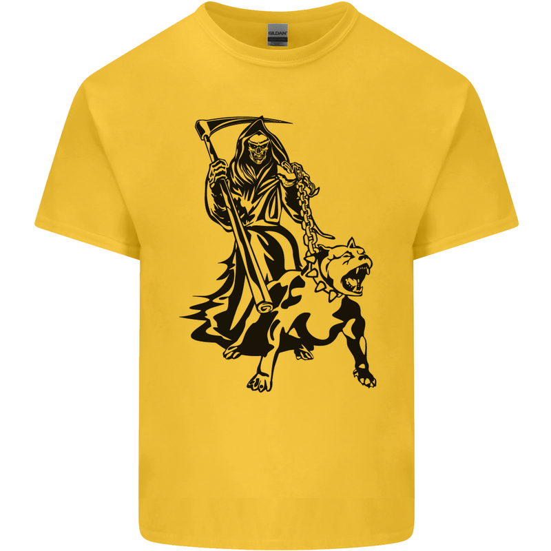 Pitbull Grim Reaper Dog Skull Satan Demon Kids T-Shirt Childrens Yellow