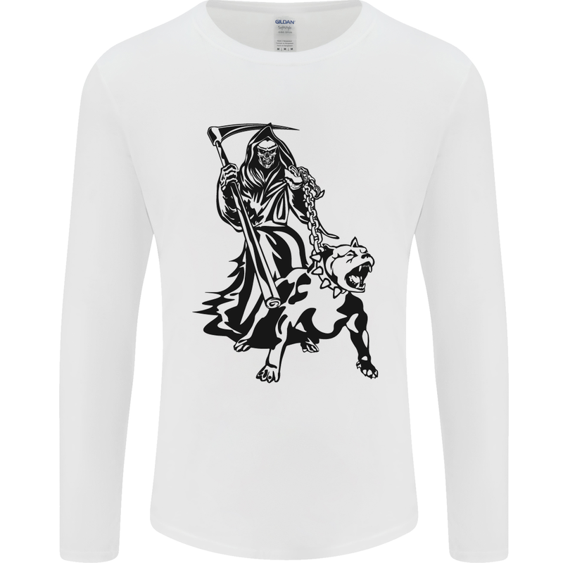 Pitbull Grim Reaper Dog Skull Satan Demon Mens Long Sleeve T-Shirt White