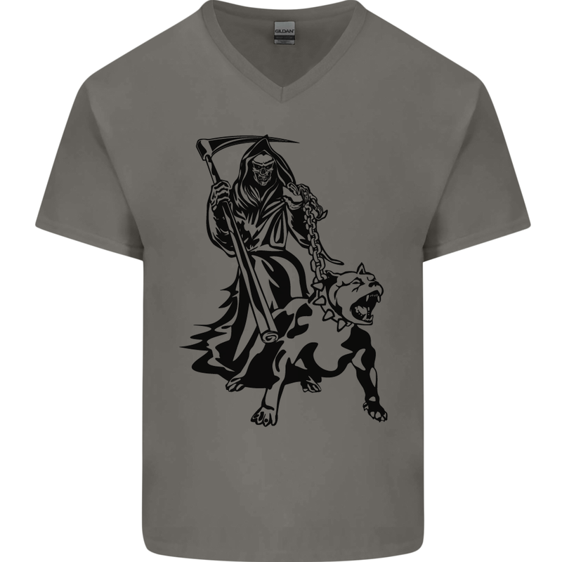 Pitbull Grim Reaper Dog Skull Satan Demon Mens V-Neck Cotton T-Shirt Charcoal