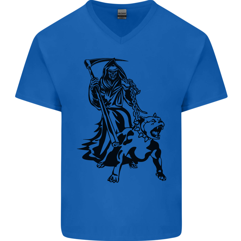 Pitbull Grim Reaper Dog Skull Satan Demon Mens V-Neck Cotton T-Shirt Royal Blue