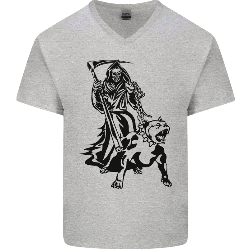 Pitbull Grim Reaper Dog Skull Satan Demon Mens V-Neck Cotton T-Shirt Sports Grey