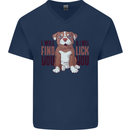 Pitbull I Will Find and Lick You Funny Mens V-Neck Cotton T-Shirt Navy Blue