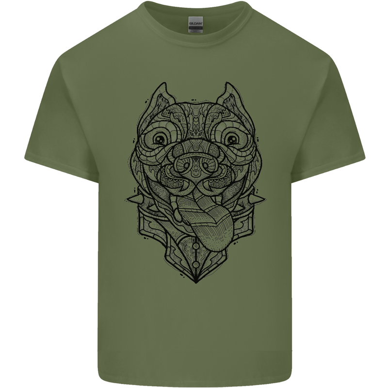 Pitbull Mandala Art Dog Lover Mens Cotton T-Shirt Tee Top Military Green