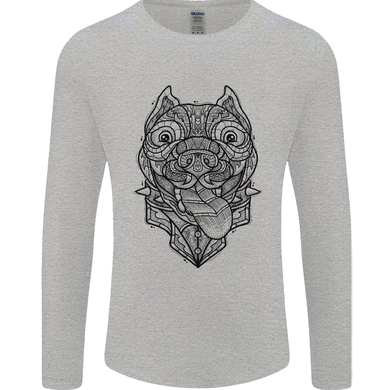 Pitbull Mandala Art Dog Lover Mens Long Sleeve T-Shirt Sports Grey