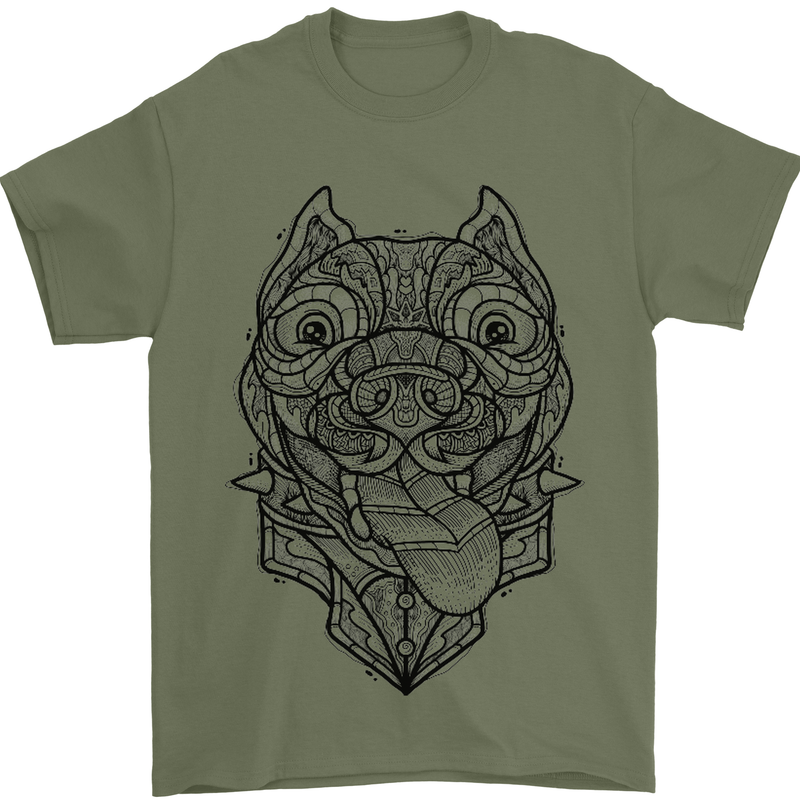 Pitbull Mandala Art Dog Lover Mens T-Shirt Cotton Gildan Military Green