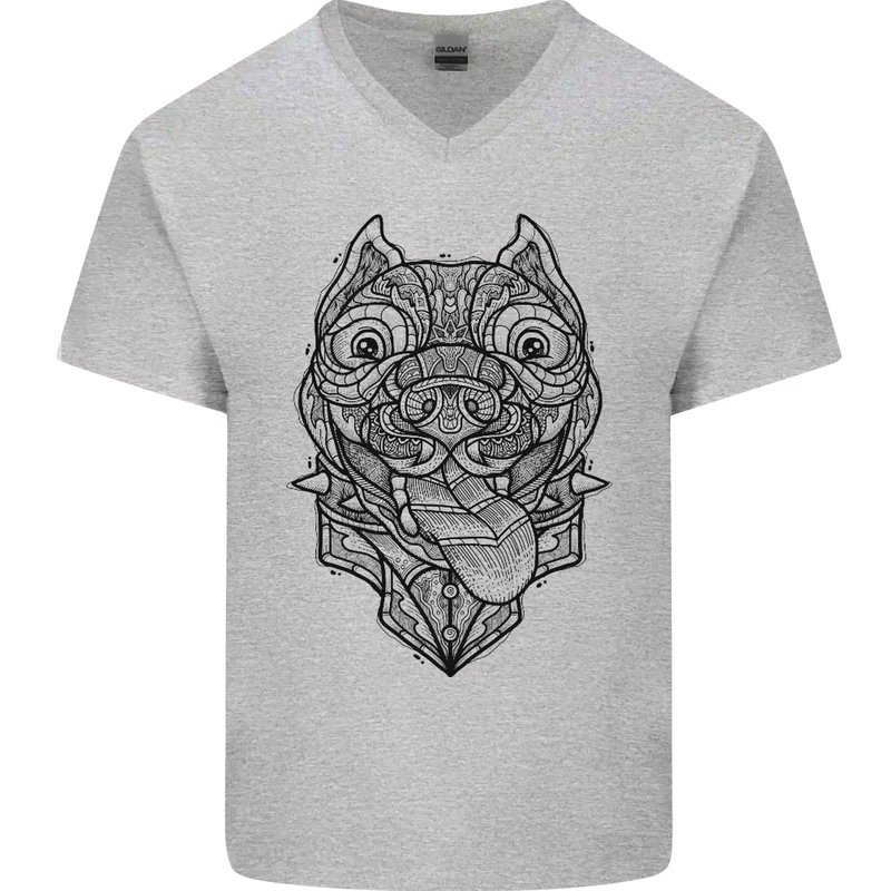 Pitbull Mandala Art Dog Lover Mens V-Neck Cotton T-Shirt Charcoal