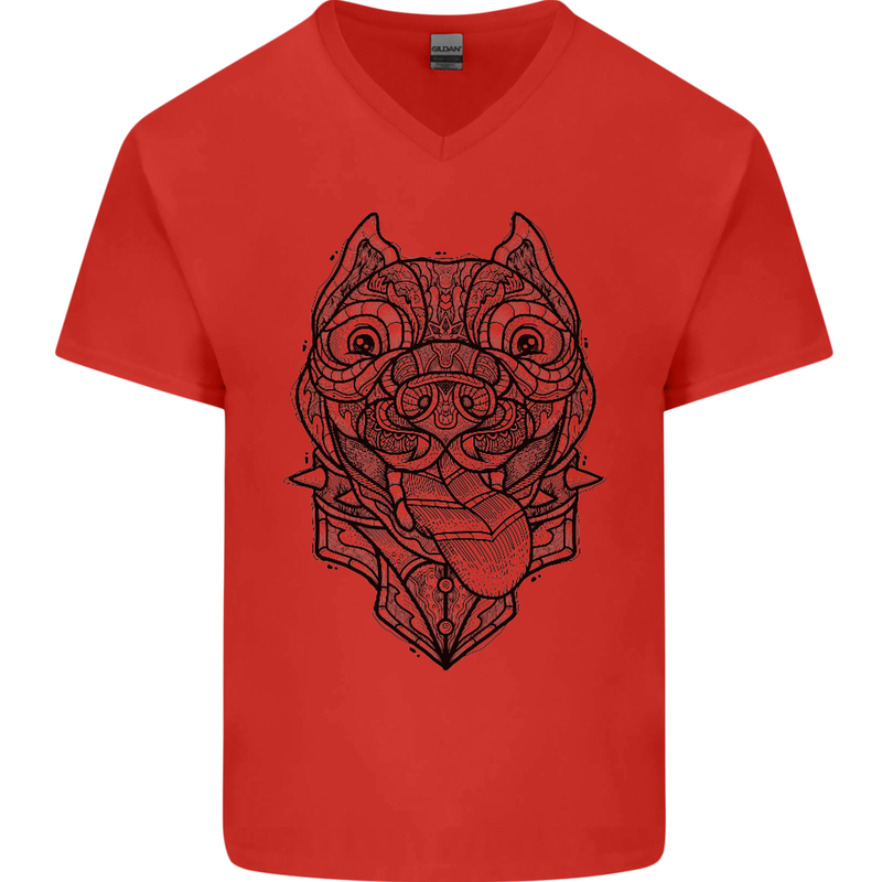 Pitbull Mandala Art Dog Lover Mens V-Neck Cotton T-Shirt Red