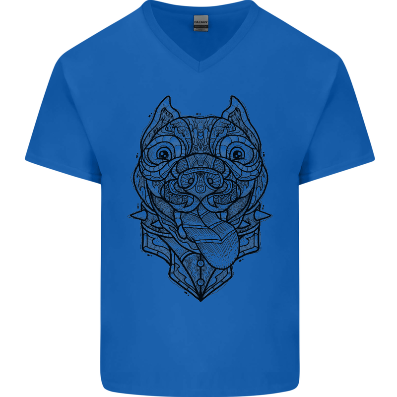 Pitbull Mandala Art Dog Lover Mens V-Neck Cotton T-Shirt Royal Blue
