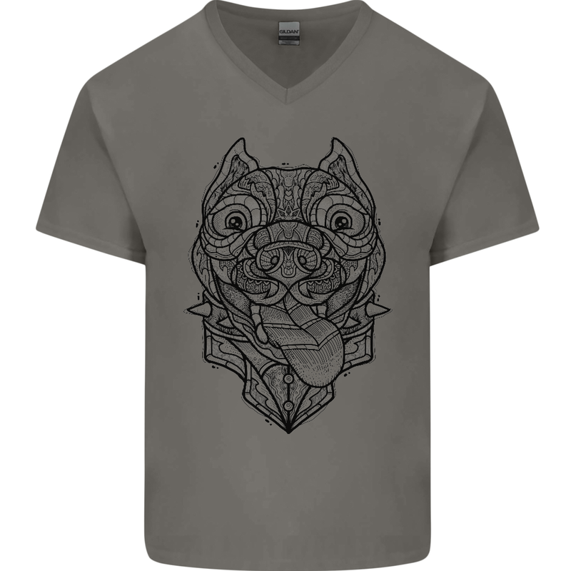 Pitbull Mandala Art Dog Lover Mens V-Neck Cotton T-Shirt Sports Grey