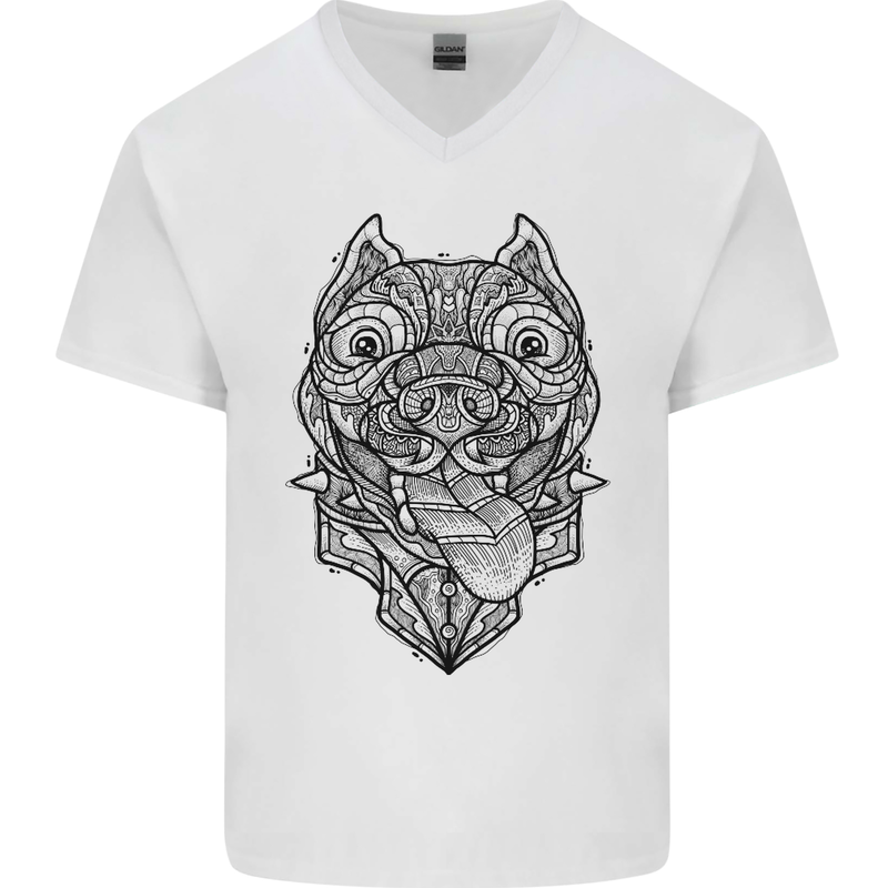 Pitbull Mandala Art Dog Lover Mens V-Neck Cotton T-Shirt White