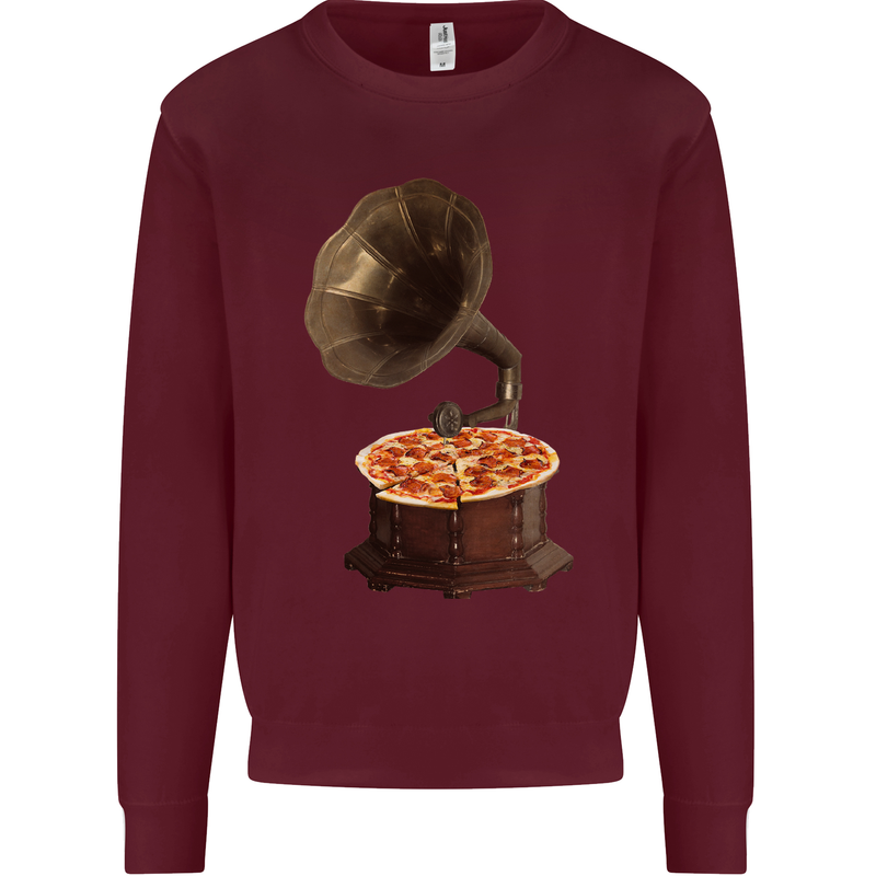 Pizza Gramophone Turntable Vinyl Records DJ Kids Sweatshirt Jumper Maroon