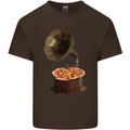 Pizza Gramophone Turntable Vinyl Records DJ Mens Cotton T-Shirt Tee Top Dark Chocolate