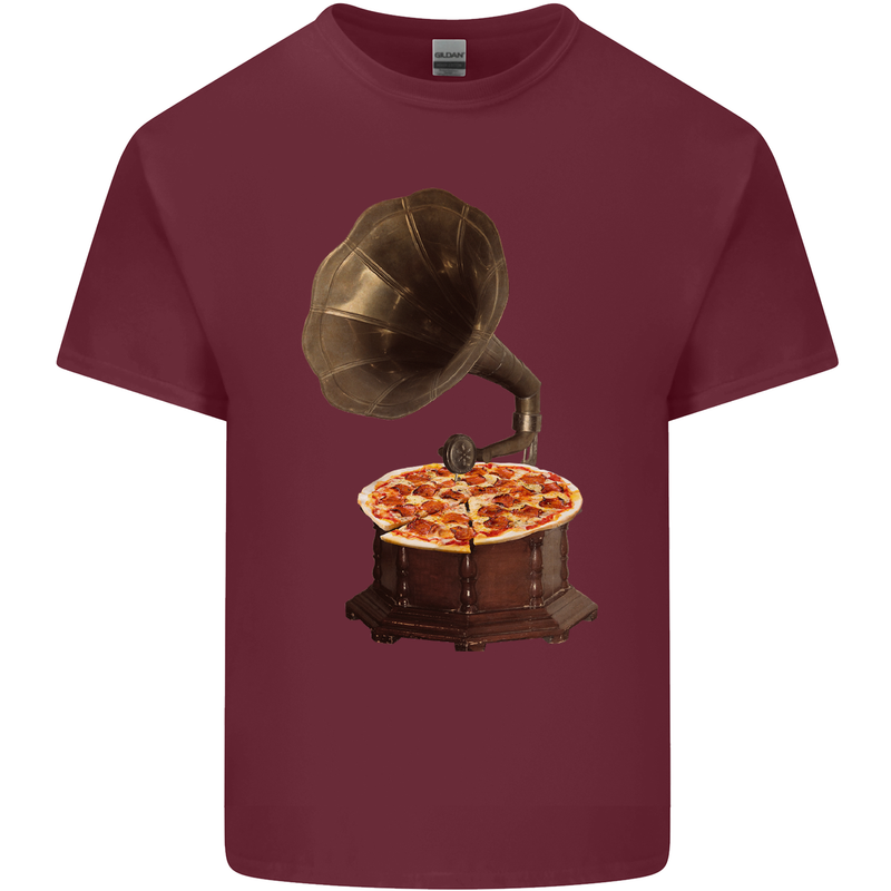 Pizza Gramophone Turntable Vinyl Records DJ Mens Cotton T-Shirt Tee Top Maroon