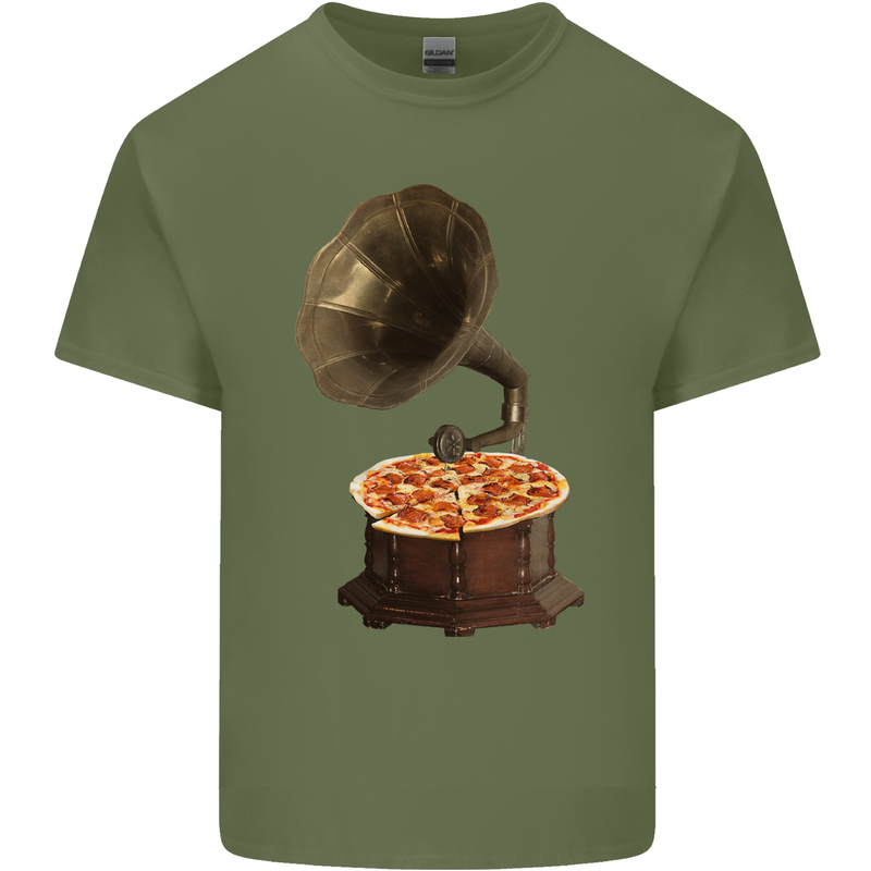 Pizza Gramophone Turntable Vinyl Records DJ Mens Cotton T-Shirt Tee Top Military Green