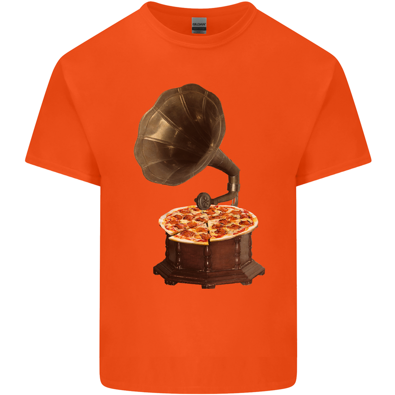 Pizza Gramophone Turntable Vinyl Records DJ Mens Cotton T-Shirt Tee Top Orange