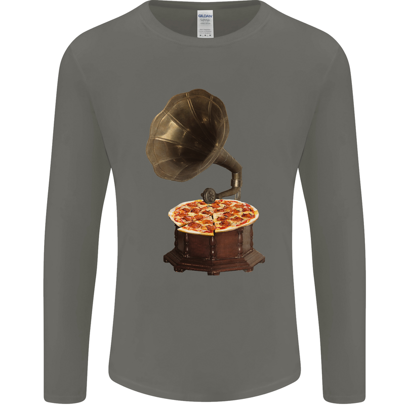 Pizza Gramophone Turntable Vinyl Records DJ Mens Long Sleeve T-Shirt Charcoal