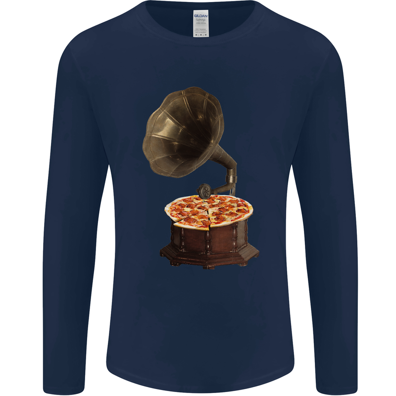 Pizza Gramophone Turntable Vinyl Records DJ Mens Long Sleeve T-Shirt Navy Blue