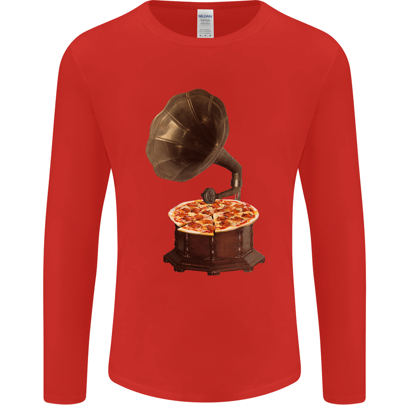 Pizza Gramophone Turntable Vinyl Records DJ Mens Long Sleeve T-Shirt Red