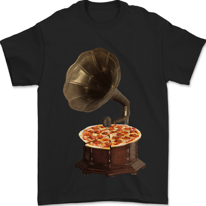 Pizza Gramophone Turntable Vinyl Records DJ Mens T-Shirt 100% Cotton Black