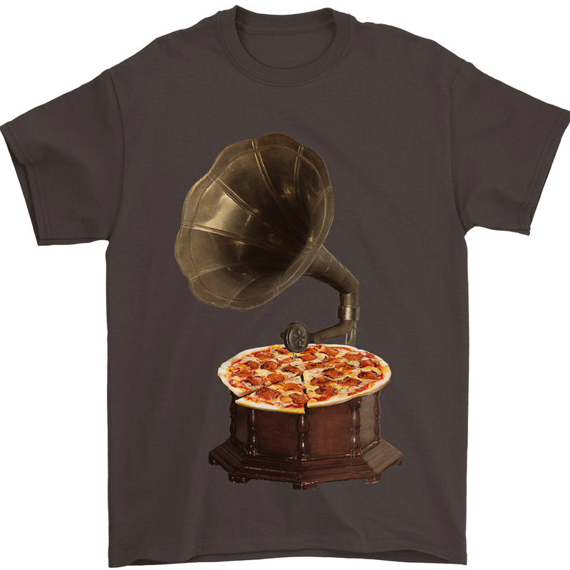 Pizza Gramophone Turntable Vinyl Records DJ Mens T-Shirt 100% Cotton Dark Chocolate