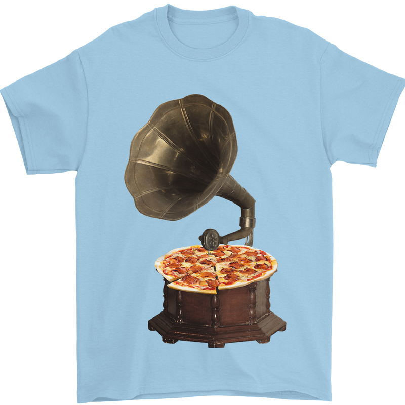 Pizza Gramophone Turntable Vinyl Records DJ Mens T-Shirt 100% Cotton Light Blue