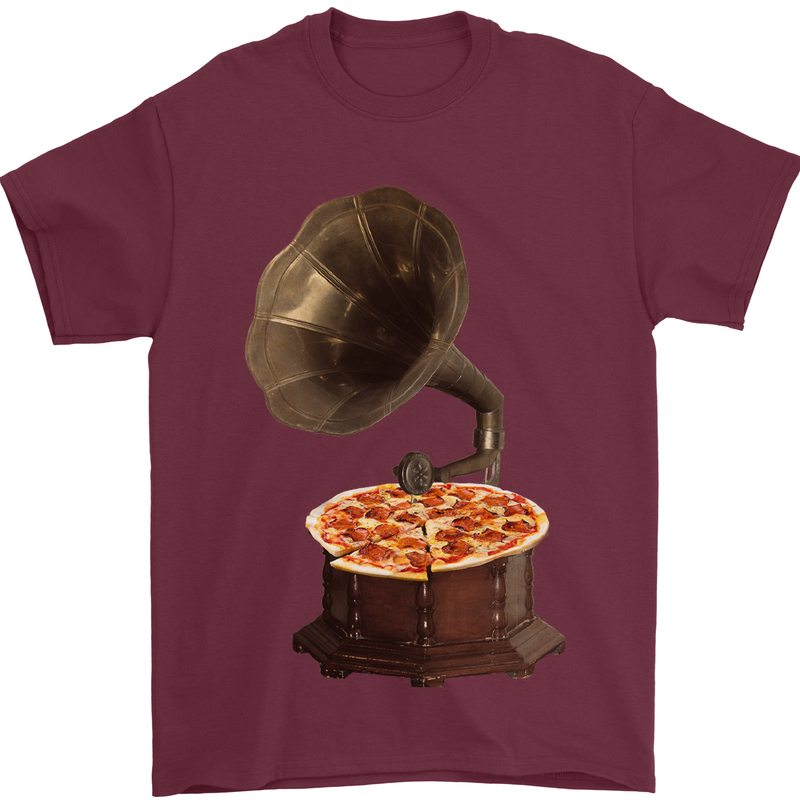 Pizza Gramophone Turntable Vinyl Records DJ Mens T-Shirt 100% Cotton Maroon