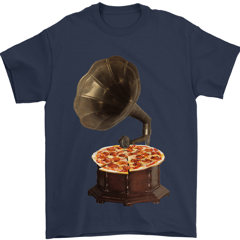 Pizza Gramophone Turntable Vinyl Records DJ Mens T-Shirt 100% Cotton Navy Blue