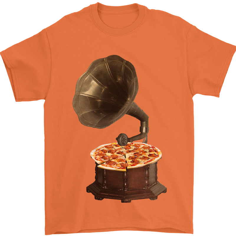 Pizza Gramophone Turntable Vinyl Records DJ Mens T-Shirt 100% Cotton Orange