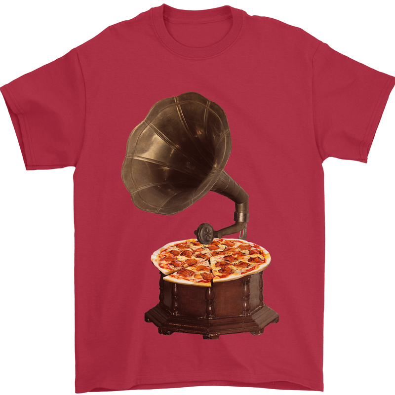 Pizza Gramophone Turntable Vinyl Records DJ Mens T-Shirt 100% Cotton Red