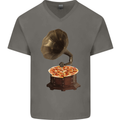 Pizza Gramophone Turntable Vinyl Records DJ Mens V-Neck Cotton T-Shirt Charcoal