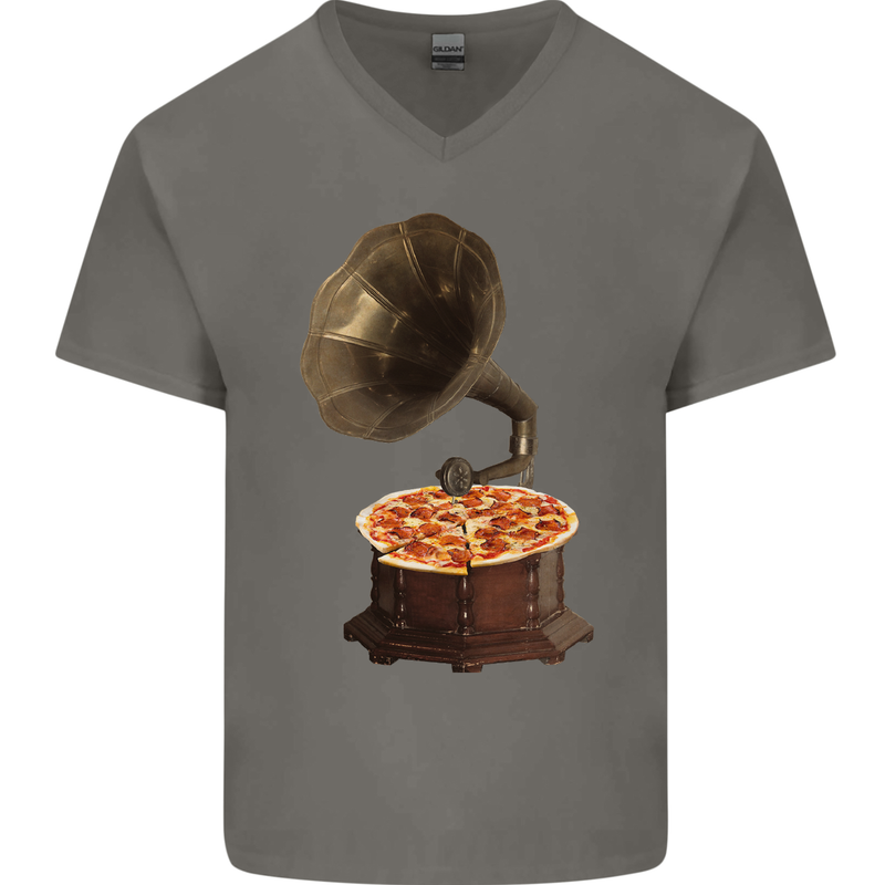 Pizza Gramophone Turntable Vinyl Records DJ Mens V-Neck Cotton T-Shirt Charcoal