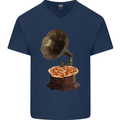 Pizza Gramophone Turntable Vinyl Records DJ Mens V-Neck Cotton T-Shirt Navy Blue