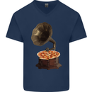 Pizza Gramophone Turntable Vinyl Records DJ Mens V-Neck Cotton T-Shirt Navy Blue