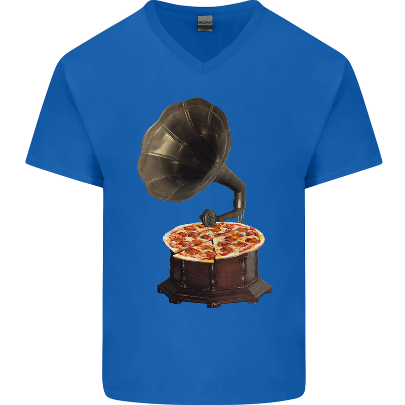 Pizza Gramophone Turntable Vinyl Records DJ Mens V-Neck Cotton T-Shirt Royal Blue