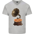 Pizza Gramophone Turntable Vinyl Records DJ Mens V-Neck Cotton T-Shirt Sports Grey