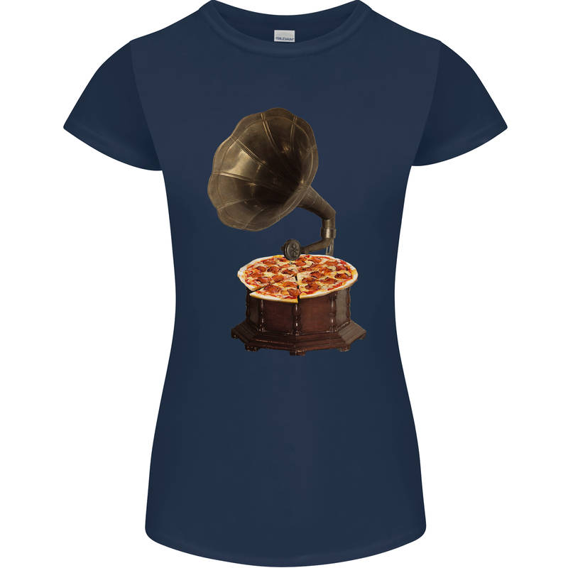 Pizza Gramophone Turntable Vinyl Records DJ Womens Petite Cut T-Shirt Navy Blue